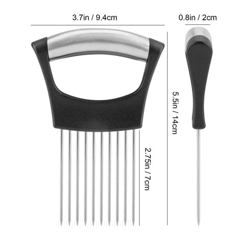 Versatile Onion Slicer With Ten Stainless Forks For No Slip Grip And Even Slices Onions Tomatoes Lemons And Meats Plus A Large Crinkle Cutter For Fries Veggies And A Potato Cutter Kitchen Tool, showing front view with dimensions
