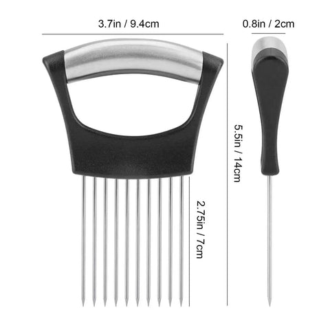 Onion Holder Slicer And Multifunction Kitchen Cutter For Vegetables with stainless steel prongs, ergonomic grip, shown with dimensions