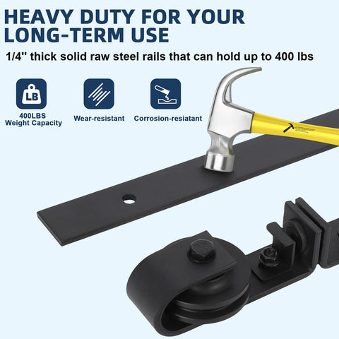 Close-up of 60-Inch Barn Door Sliding Kit With Beefy Heavy Duty Black Track And Side Mounted Rollers, hammer on steel track