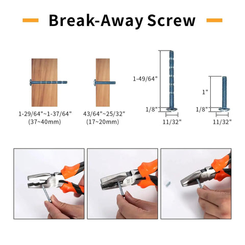 Diagram showing break-away screws with pliers, used for 10 Pack 5 Inch Brushed Satin Nickel Cabinet Handles (128mm) installation.