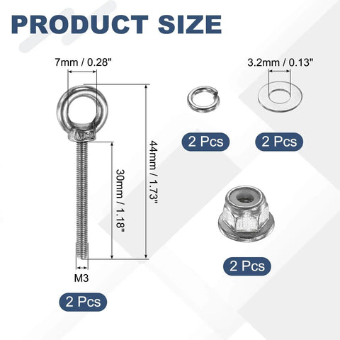 M3 Shoulder Eye Bolts Set 2 Pieces 304 Stainless Steel Lifting Ring Threaded Eye Bolts With Flange Lock Nuts Spring Washers