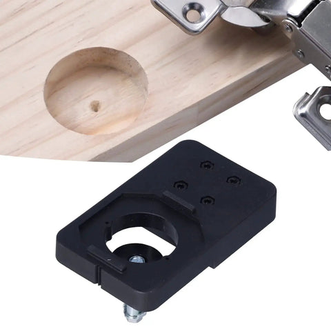 35mm Hinge Boring Jig Kit For Precise Door And Cabinet Hinge Installation, 1.4 Inch Woodworking Drill Guide next to wooden panel