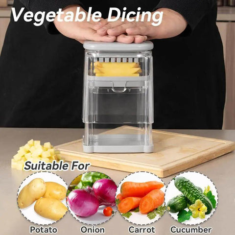 3 In 1 French Fry Cutter And Veggie Dicer For Potatoes Onions Cucumbers Tomatoes Zucchini Carrots And Citrus Fruits With Stainless Steel Blades For Uniform Fries Slices And Dices Fast Badelite, shown on a kitchen counter with vegetable options.