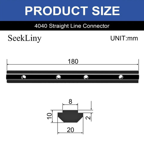 Diagram of black 4040 straight line connector with dimensions for 12 Pack 4040 Straight Connector Corner Brackets Joint Plates 3D printer accessories.