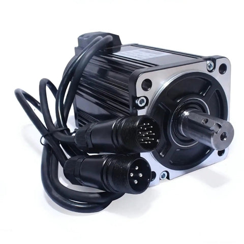 Front view of 90ST-M04025 220V AC servo motor with black housing, silver mounting flange and protruding shaft