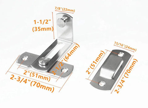 90 Degree Stainless Steel Sliding Door Latch For Barn Doors And Cabinets with dimensions, silver finish.