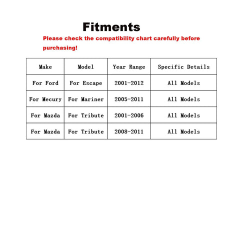 Compatibility chart for wheel bearing hub 510072 for Ford Escape 2001-2012, Mercury Mariner 2005-2011, Mazda Tribute 2001-2011.
