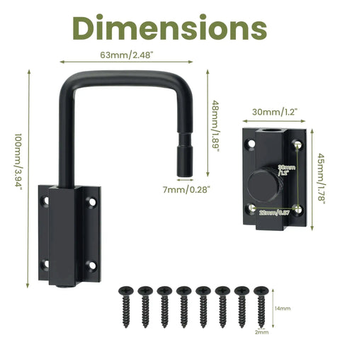 4 Inch U Bolt Door Loop Lock Heavy Duty Security Latch Black Anti Theft Privacy Bolt with dimensions and screws.