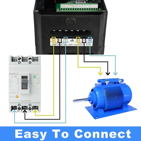Front view of a black VFD drive with a green terminal block, wired to a blue industrial motor and a white circuit breaker