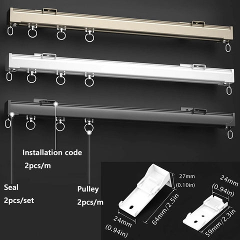 Heavy Duty Ceiling Curtain Track System With Aluminum Alloy Sliding Rails For Room Divider And Space Separation Wall And Ceiling Mounted With Silent Pulley Black Finish For Heavy Curtains in various finishes with pulleys and mounting hardware.
