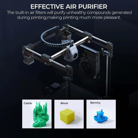 Effective air purifier feature of K1C 3D Printer Crazy Fast CoreXY System With 600 Millimeters Per Second Print Speed And 20000 Millimeters Per Second Squared Acceleration, Clog Free Direct Extruder, 300C Printing Capability, Carbon Fiber Filament Ready, Auto Leveling And AI Camera.