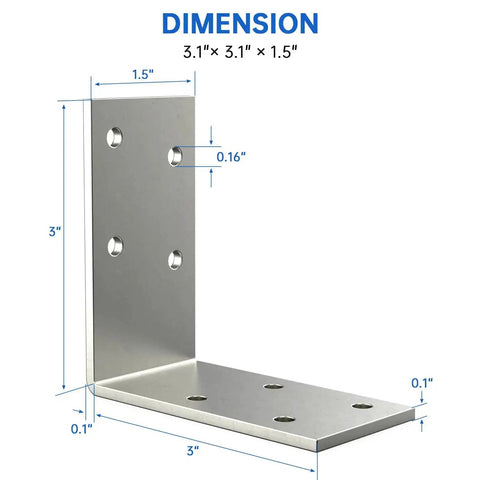 Side view of 3x3 inch Beefy Heavy Duty 8 Pack L Brackets, galvanized steel, with dimensions for wood beams and shelving.