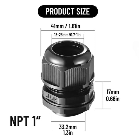 NPT 1In Cable Gland IP68 Waterproof Strain Relief Connector, PA Nylon, Black, Fits 1/4-1 Inch Cables, Side View with Measurements