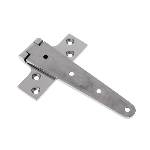 Close-up of a single T-shaped marine-grade 316 stainless steel hinge with mirror finish, part of the 6 Piece Heavy Duty T Shape Marine Grade Stainless Steel Hinges For Cabinets Gates Sheds Doors Outdoor Wood Boxes And Marine Use Your Go To Hardware For Ultra Durable High Gloss Mirror Finish.