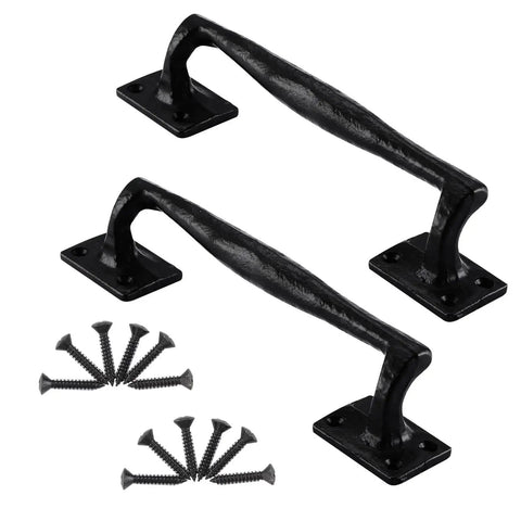 Nine and Three Quarters Inch Rustic Cast Iron Gate Handle for Sliding Barn Doors Vintage Metal Gate Pull Long Cabinet and Fence Handles Heavy Duty Black Finish Easy Install Ideal for Garage Outdoor Closet Interior Weatherproof and Durable 2 Pack showing two handles and screws