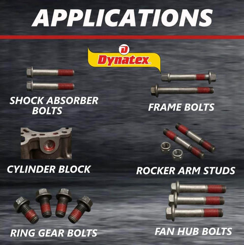 Applications of Red High Strength Thread Locker For Nut And Bolt Assemblies showing various bolts and their uses.