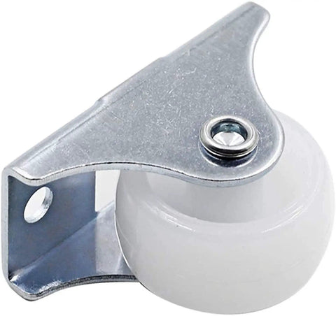 Close-up of a rigid 1 inch caster wheel non-swivel with metal top plate, hard plastic wheel for furniture, silver finish, smooth rolling.