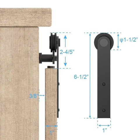 Side view of 8ft Small Sliding Barn Door Hardware Kit For Double Doors With Spliced Tracks And Floor Guides installation