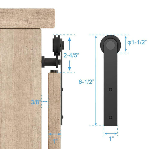Diagram of 5 Foot Small Sliding Barn Door Hardware Kit for Double Doors and Cabinets with measurements in side view.