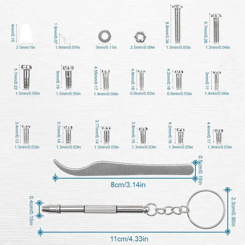 1000-Piece Stainless Steel Micro Screw Kit for Glasses and Sunglasses Repair shown with screws, nuts, tweezers, and screwdriver