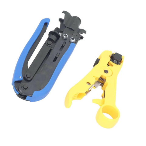 Coaxial Cable Crimping Pliers Set For RG6 RG59 RG11 F Connectors, blue crimper and yellow stripper tool for satellite TV and CCTV installations.