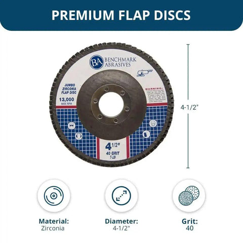 4.5 Inch Premium High Density Zirconia Type 29 Flap Discs 40 Grit 10 Pack, front view showing labeling and specifications