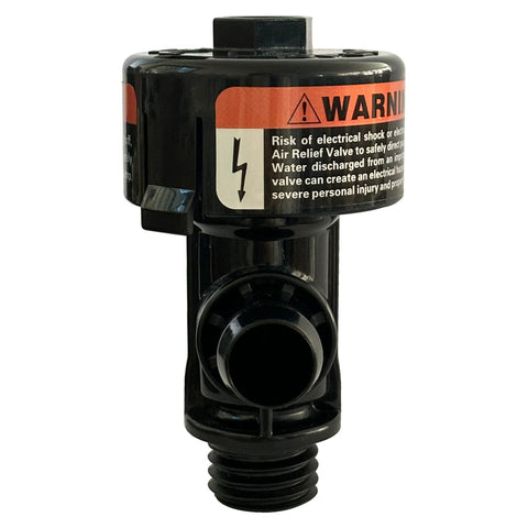 Air relief valve assembly, black plastic, high-flow manual relief for pool/spa Quad DE 2000/4000 series filters.