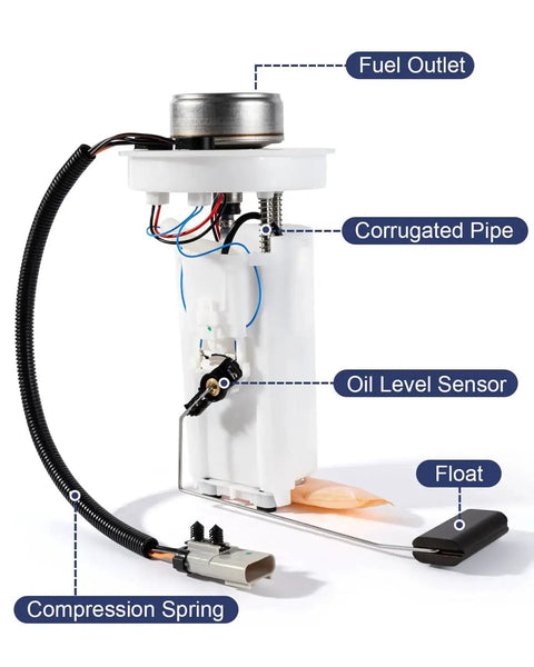 Electric Fuel Pump Module Assembly For 2000 Through 2004 Dodge Dakota 24 Gallon Gas Tank Fits 2.5L 3.7L 3.9L V6 V8 Crew Cab Pickup Replacement With O Ring E7128MN E7185M showing components like fuel outlet and float.
