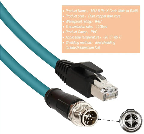 M12 To RJ45 8 Pin X Coded Shielded CAT6A High Flex Industrial Ethernet Cable, IP67, for Automation PLC, harsh environments, 10Gbps