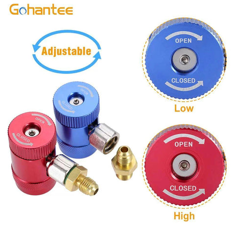 Pro Grade R1234yf Quick Coupler Adapters for AC Diagnostics and Charging, showing high and low side manual quick coupler connector