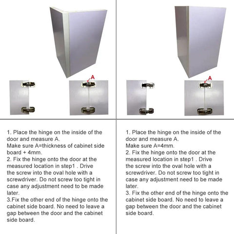 Installation guide for 4 Pack Soft Close Damping Frameless Hidden Cabinet Hinges for cupboard doors showing steps and position.