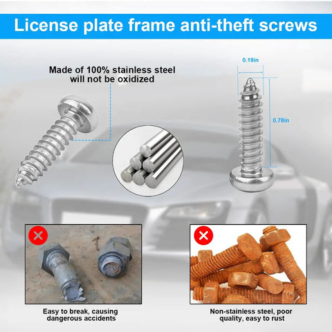 Anti Theft License Plate Screws Kit With Rustproof Stainless Steel Mounting Hardware For Front And Rear Plates M6 One Quarter Inch Tamper Proof Fasteners Nuts And Caps Covers Silver YALOK