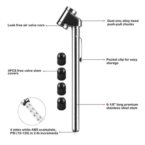 CZC AUTO pencil tire pressure gauge, silver stainless steel with pocket clip and dual head chuck, 6-1/8 in long, 10-120 PSI