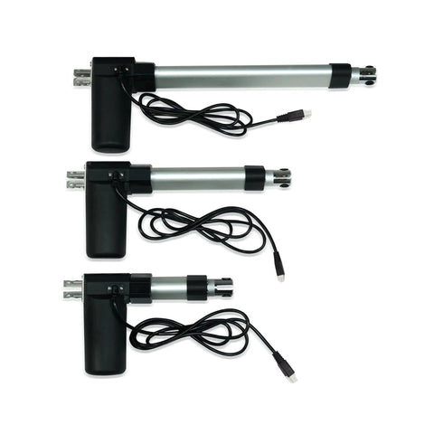 Heavy Duty 24V Feedback Linear Actuator With Hall Effect Sensor 8 Inch Stroke 400 Lbs Force IP66 Water Resistant Ideal For Home Automation Manufacturing And Automotive Applications Progressive Automations, side view of three units with cables.