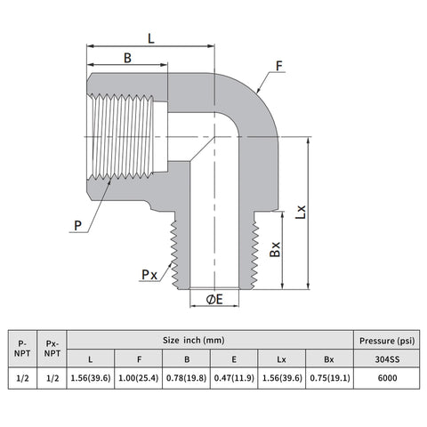 U.S. Solid 304 stainless steel 90-degree street elbow, 1/2 in NPT male to female, 6000 psi high-pressure fitting