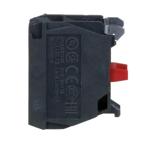 Side view of Harmony XB4 Single Contact Block For Industrial Machines And Control Panels 1NC Screw Clamp Terminal in black casing