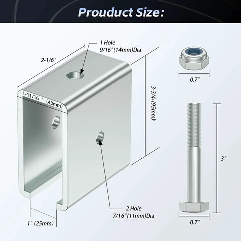 Diagram of strut channel connector extend bracket with measurements, showing bolt and nut for easy installation in industrial racks.