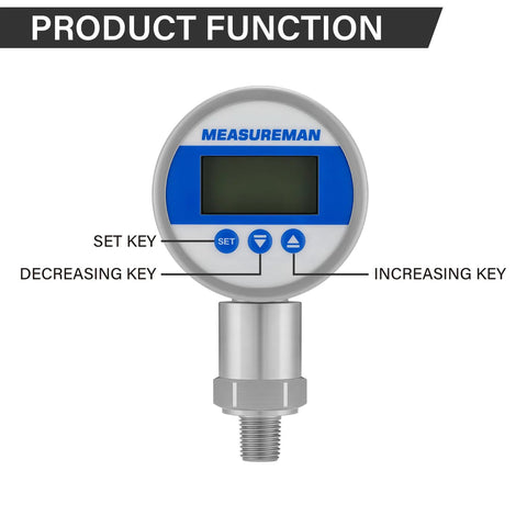 MEASUREMAN digital pressure gauge with round stainless-steel body, blue LED display, and SET/up/down control buttons
