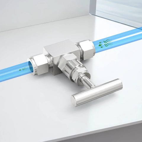 TAISHER 304 stainless steel high-pressure straight needle valve with 3/8 in tube OD x 3/8 in tube OD on blue tubing