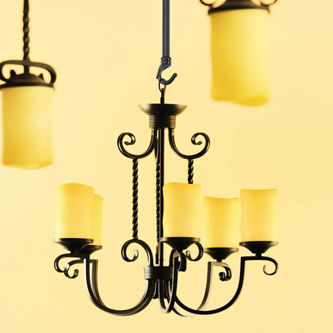 Ceiling view of chandelier with Three Pack Chandelier Load Bearing Downrods With Hook For 5.70 Inch Ceiling Light Support Rods installed.