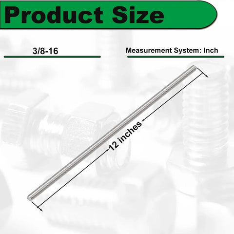 Diagram showing Three Eighths Inch 16 UNC Stainless Steel Threaded Rod 12 Inch Pack of 2 with length dimension of 12 inches.