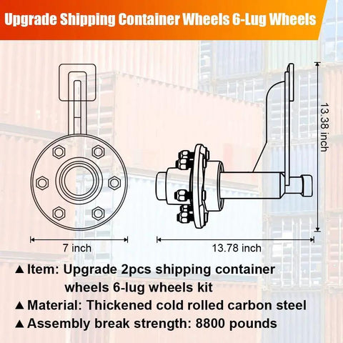 Upgrade 2 Pack 6 Lug Shipping Container Wheel Kit with 6x5.5 inch bolt pattern, heavy duty axle, and ratchet strap diagram