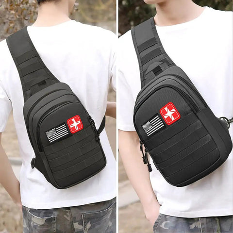 Front and back view of Survival Kit Backpack Prepper Ready With 151 Piece Emergency Gear and First Aid Supplies, worn by person outdoors.