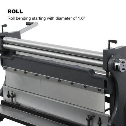 Close-up of 3 In 1 Sheet Metal Cutter, Brake and Slip Roll with roll bending diameter 1.6", showing heavy-duty cast unit.