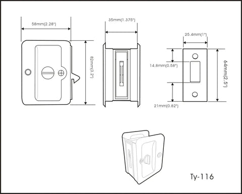 Solid Brass Pocket Door Pull With Privacy Lock Satin Nickel Finish Rectangular Reversible Handle For Sliding Doors Size Three And One Quarter By Two And One Quarter Inches Made In Taiwan Hardware Included technical drawing