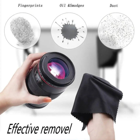 Hand using 12 Pack Microfiber Cleaning Cloths For Glasses Screens Electronics 6 By 7 Inch on camera lens
