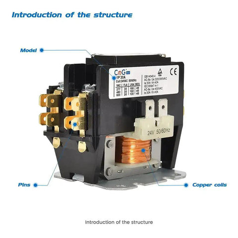 Side view of One Pole Heavy Duty Air Conditioner Contactor 30 Amp 24V Coil For Condenser And Compressor HVAC, showing pins and copper coil.