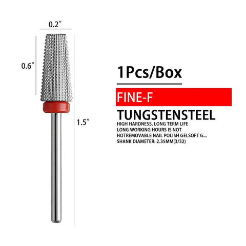 Close-up of 5 In 1 Carbide Nail Drill Bits Set For Acrylic And Hard Gel Removal With Left And Right Hand Use And Two Direction Rotation 3 32 Inch Shank Includes 2XC XC C Coarse M Middle F Fine Bit Options For Pro Nail Techs with dimensions.