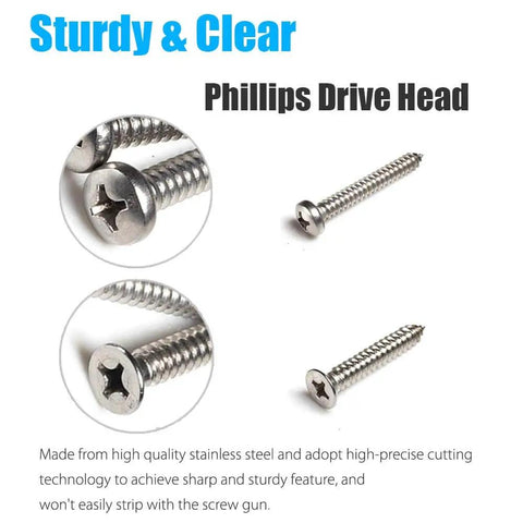 Close-up of screws from 570Pcs Self Tapping Screws Assortment Kit M3 M4 M5 M6 304 Stainless Steel with Phillips drive head.