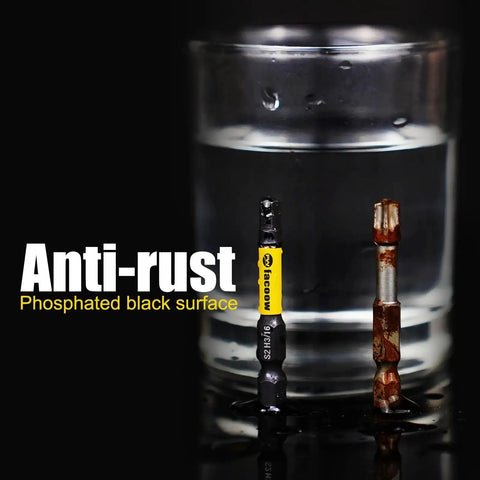 Anti-rust comparison showing 21 Piece Pro Grade Impact Hex Bit Set and rusted tool next to glass of water